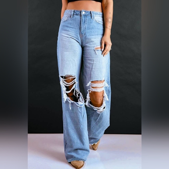 Denim - New High rise wide leg distressed jeans